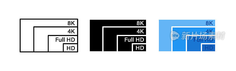不同的屏幕分辨率图标设置。屏幕分辨率比较高清，超高清，4k, 8k。视频质量标志高清，全高清，4K, 8K。视频广播。高分辨率。高质量的视频，图片